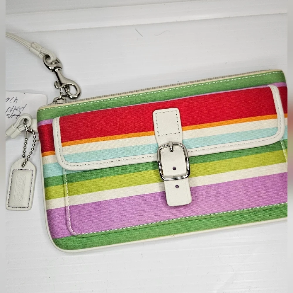 Vintage Y2K Coach Hampton Multicolor Striped Large Wristlet Clutch Bag  .